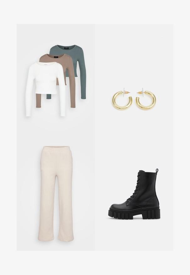 Trii dolgi rokavi kroji vrhovi zloženi, barve bela, bež in umirjena teal, z okroglimi izrezi na svetlo sivi podlagi.; Bež trenirke s širokim nogavicami, izdelane iz mehke tkanine. Imajo elastičen pas in stranske šive. Gladka tekstura.; Črne usnjene gležnjarje z debelim, rebrastim podplatom, vezanjem na sprednji strani in zanka za vlečenje na gladki beli podlagi.; Zlate uhane v obliki obročkov z gladko, sijočo površino. Krožna zasnova s majhnim nosilcem in prozornim podplatom za varno nošenje.