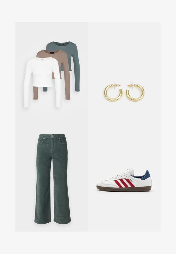 Três tops cropped de manga longa empilhados, nas cores branca, bege e teal suave, com golas redondas sobre um fundo cinza claro.; Vero Moda Petite VMTESSA PANTS - Calças - balsam green; Sapatilha branca com riscas de camurça vermelha, detalhe do calcanhar em camurça azul e sola de borracha texturizada castanha. Apresenta fecho de atacadores e logotipo.; Brincos em argola dourados com um acabamento liso e brilhante. Design circular com um pequeno pino e suporte transparente para um uso seguro.