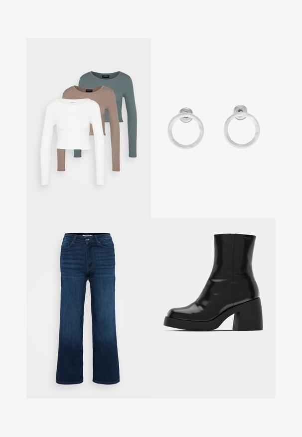 Trii dolgi rokavi kroji vrhovi zloženi, barve bela, bež in umirjena teal, z okroglimi izrezi na svetlo sivi podlagi.; ONLY Petite ONLMADISON BLUSH WIDE - Široke hlačnice - dark blue denim; Črne gležnjarje z sijajno površino, kvadratnim nosom in debelim blokskim peto. Oblikovanje izstopa s brezšivno silhueto in minimalnim logotipiranjem.; Srebrni kovinski obročasti uhani z brušenjem, s krožno obliko in prozornim zatičem za varno nošenje.