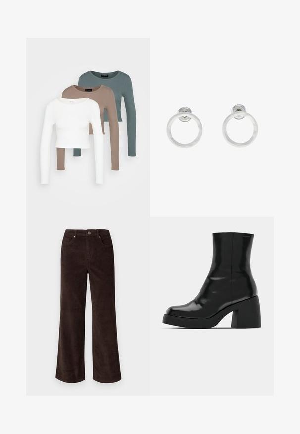 Trije crop majice dugih rukava, složene jedna na drugu, boje bijela, bež i prigušena tirkizna, s okruglim izrezima na svijetlosivoj pozadini.; Vero Moda Petite VMTESSA PANTS - Hlače - chocolate torte; Crne gležnjače s sjajnom površinom, četvrtastim vrhom i debelim blok petama. Dizajn ima besprijekornu siluetu i minimalno brendiranje.; Srebrne metalne naušnice u obliku prstena s brušenom teksturom, s kružnim dizajnom i prozirnom vrstom kopče za sigurno nošenje.