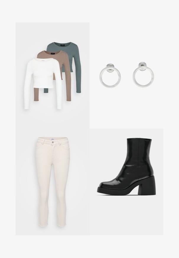 Tričko s dlhým rukávom v crop štýle, poskladané jedno na druhé v bielej, béžovej a tlmenej morskej farbe, s okrúhlym výstrihom na svetlo šedom pozadí.; Krémové skinny džínsy s rozstrapkaným lemom. Vyrobené z denimu s klasickým dizajnom piatich vreciek a predným zapínaním na gombík.; Čierne členkové topánky s lesklým povrchom, štvorcovou špičkou a širokým blokovým opätkom. Dizajn sa vyznačuje bezšvovou siluetou a minimálnym brandingom.; Strieborné kovové náušnice vo forme kruhov s brúsenou textúrou, so zaobleným dizajnom a priehľadným zarážkou pre bezpečné nosenie.