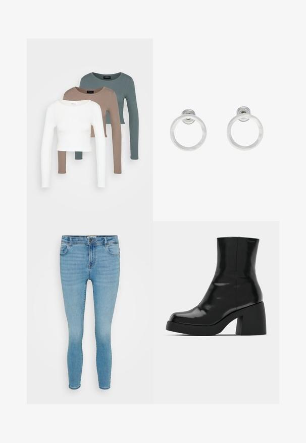 Trije crop majice dugih rukava, složene jedna na drugu, boje bijela, bež i prigušena tirkizna, s okruglim izrezima na svijetlosivoj pozadini.; Svijetloplave traperice od rastezljivog denima sa uskim krojem, pet džepova, suptilnim izbljeđenjem i zatvaranjem na rajsferšlus s metalnim dugmetom.; Crne gležnjače s sjajnom površinom, četvrtastim vrhom i debelim blok petama. Dizajn ima besprijekornu siluetu i minimalno brendiranje.; Srebrne metalne naušnice u obliku prstena s brušenom teksturom, s kružnim dizajnom i prozirnom vrstom kopče za sigurno nošenje.