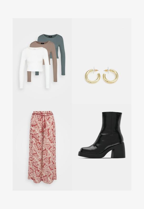 Tři dlouhé rukávy topy ve zkrácené délce naskládány na sobě, barvy bílá, béžová a tlumená modrozelená, s kulatými výstřihy na světle šedém pozadí.; Vero Moda Petite VMBALI WIDE PANTS - Kalhoty - marsala; Černé kotníkové boty s lesklým povrchem, čtveratou špičkou a silným blokovým podpatkem. Design se vyznačuje bezproblémovým siluetu a minimálním brandingem.; Zlaté kruhové náušnice s hladkým, lesklým povrchem. Kruhový design s malým kolíčkem a průhledným záznamem pro bezpečné nošení.