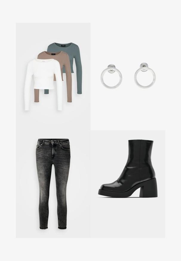 Trīs garām piedurknēm apgrieztas blūzes, sakrautas, krāsās balta, bēša un blāvi tumši zila, ar apaļiem kakla izgriezumiem, uz gaiši pelēka fona.; Slim-fit džinsi izbalinātā melnā krāsā, ar piecām kabatām, rāvējloku un neapstrādātu malu. Izgatavoti no denima ar gludu tekstūru.; Melnas potītes zābaku ar spīdīgu apdari, kvadrātveida pirkstu un biezu bloku papēdi. Dizainā ir bezšuvju siluets un minimāla zīmola identitāte.; Sudraba metāla gredzenveida auskari ar matētu faktūru, ar apaļu dizainu un caurspīdīgu aizdari, lai nodrošinātu drošu valkāšanu.