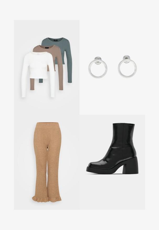 Drie lange mouw crop tops gestapeld, in de kleuren wit, beige en gedempt teal, met ronde halslijnen op een lichtgrijze achtergrond.; Lichtbruine geribbelde gebreide broeken met een uitlopende onderkant en een gerimpelde zoom. Elastische tailleband voor comfort. Gelijke textuur over het geheel.; Zwarte enkellaarzen met een glanzende afwerking, vierkante neus en een dikke blokhak. Het ontwerp heeft een naadloze silhouet en minimale branding.; Zilveren metalen ringoorbellen met een geborstelde textuur, met een ronde vorm en een transparante bevestiging voor een veilige draagwijze.