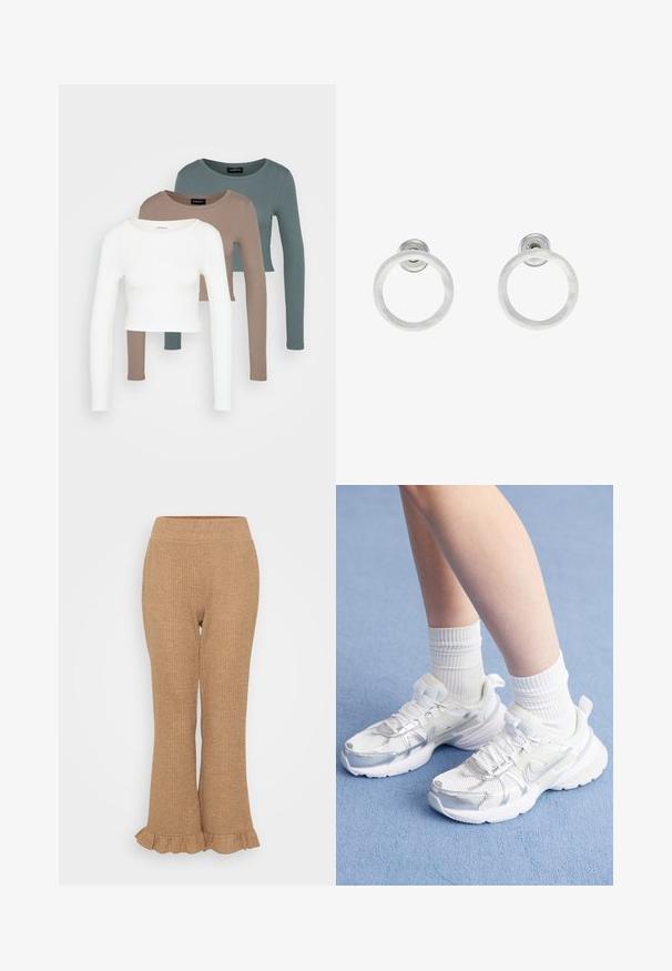 Trii dolgi rokavi kroji vrhovi zloženi, barve bela, bež in umirjena teal, z okroglimi izrezi na svetlo sivi podlagi.; Svetlo rjave pletene hlače z razširjenim dnom in nabranim robom. Elastičen pas za udobje. Enotna tekstura po celotni dolžini.; Bela športna obutev s čipkastimi in sintetičnimi prekrivalnimi materiali, z značilnim srebrnim Nike znakom, v paru z rebrastimi belimi nogavicami na modri površini.; Srebrni kovinski obročasti uhani z brušenjem, s krožno obliko in prozornim zatičem za varno nošenje.