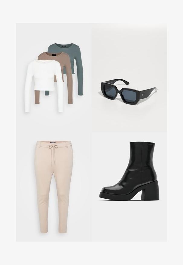 Trys ilgomis rankovėmis apkirptos palaidinės, spalvų: balta, smėlinė ir tyliai mėtinė, su apvaliais iškirpimais, ant šviesiai pilko fono.; Šviesiai rudos spalvos lengvi sportiniai džinsai su reguliuojama juosmens juostele ir dviem šoninėmis kišenėmis. Lygus paviršius, siaurėjantys keliai ir minimalus siūlių apdailinimas.; Juodi kulkšniniai batai su blizgiu paviršiumi, kvadratiniu pirštu ir storu blokiniu kulnu. Dizainas pasižymi be siūlių siluetu ir minimalia ženklinimo. ; Juodos didelės saulės akinių su geometriniu raštu, stačiakampiais objektyvais ir blizgiu paviršiumi. Nėra matomo prekės ženklo priekyje.; Sidabriniai metaliniai auskarai žiedų pavidalu su šveitimo tekstūra, turintys apvalų dizainą ir skaidrų laikiklį saugiam dėvėjimui.