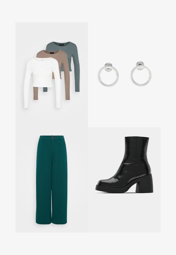 Trys ilgomis rankovėmis apkirptos palaidinės, spalvų: balta, smėlinė ir tyliai mėtinė, su apvaliais iškirpimais, ant šviesiai pilko fono.; Even&Odd Petite Kelnės - dark green; Juodi kulkšniniai batai su blizgiu paviršiumi, kvadratiniu pirštu ir storu blokiniu kulnu. Dizainas pasižymi be siūlių siluetu ir minimalia ženklinimo. ; Sidabriniai metaliniai auskarai žiedų pavidalu su šveitimo tekstūra, turintys apvalų dizainą ir skaidrų laikiklį saugiam dėvėjimui.