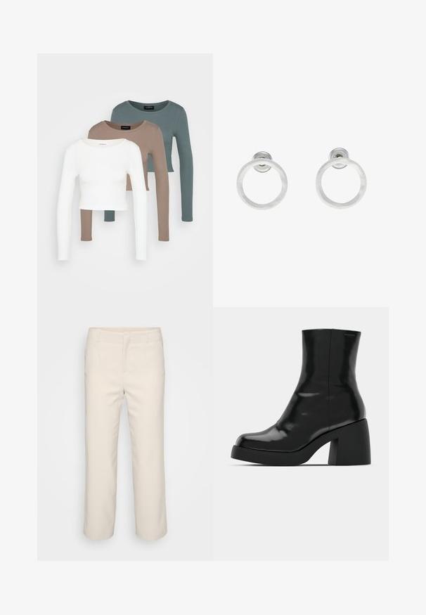 Trii dolgi rokavi kroji vrhovi zloženi, barve bela, bež in umirjena teal, z okroglimi izrezi na svetlo sivi podlagi.; Bež hlače s krojem na ravno nogo, z ravnim sprednjim delom in dvema stranskima žepoma. Narejene iz gladkega materiala z čisto obdelavo.; Črne gležnjarje z sijajno površino, kvadratnim nosom in debelim blokskim peto. Oblikovanje izstopa s brezšivno silhueto in minimalnim logotipiranjem.; Srebrni kovinski obročasti uhani z brušenjem, s krožno obliko in prozornim zatičem za varno nošenje.