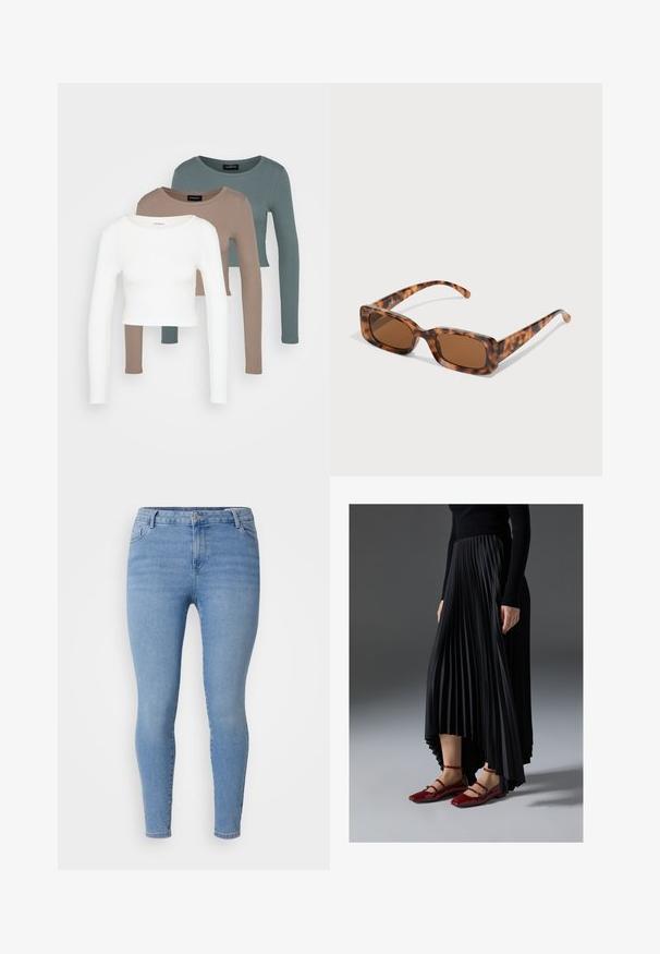 Tričko s dlhým rukávom v crop štýle, poskladané jedno na druhé v bielej, béžovej a tlmenej morskej farbe, s okrúhlym výstrihom na svetlo šedom pozadí.; Svetlomodré úzke džínsy vyrobené z denimu, s klasickým päťvreckovým štýlom, so zipsom a úzkymi nohavicami. Hladká textura s miernym vyblednutím.; Čierna plisovaná sukňa s vysokým a nízkym lemom, skombinovaná s lesklými červenými balerínami s dizajnom remienkov. Tkanina má hladkú textúru.; Rámik slnečných okuliarov z korytnačiny s obdĺžnikovými hnedými sklami, hrubým rámom a štíhlymi stranicami so vzorom rôznych odtieňov hnedej.; Strieborné kruhové náušnice s hladkým, lesklým povrchom. Kolový tvar a bezpečné klikanie na uzatváranie. Ľahký dizajn vhodný na každodenné nosenie.