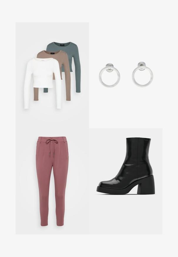 Kolm pika varrukaga lühikest tsooni moodustavat topi, värvid valge, beež ja tuhm türkissinine, ümmarguste kaelustega, heleda halli tausta peal.; Roosad püksid, millel on paelaga vöökoht, kitsenevad jalad ja eesriided. Valmistatud pehmest, venivast materjalist.; Mustad mustad, läikiva viimistlusega, ruudukujulise varbaga ja paksu plokktallaga. Kujundus sisaldab sujuvat siluetti ja minimaalset brändimist.; Hõbedased metallist rõngastooted, millel on harjatud tekstuur, ümmargune disain ja selge tagumine post, tagamaks kindlat kandmist.