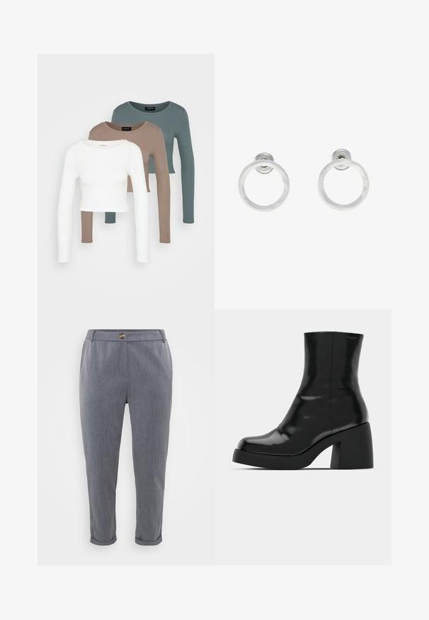 Tričko s dlhým rukávom v crop štýle, poskladané jedno na druhé v bielej, béžovej a tlmenej morskej farbe, s okrúhlym výstrihom na svetlo šedom pozadí.; Sivé nohavice na mieru s hladkou, tkanou textúrou, manžetami v spodnej časti, prednými vreckami a zapínaním na gombík v oblasti pásu.; Čierne členkové topánky s lesklým povrchom, štvorcovou špičkou a širokým blokovým opätkom. Dizajn sa vyznačuje bezšvovou siluetou a minimálnym brandingom.; Strieborné kovové náušnice vo forme kruhov s brúsenou textúrou, so zaobleným dizajnom a priehľadným zarážkou pre bezpečné nosenie.