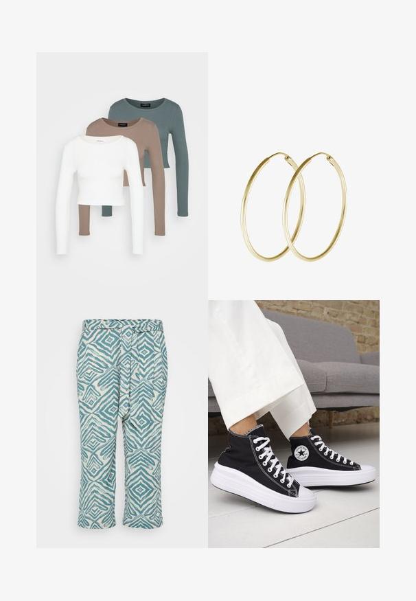 Trii dolgi rokavi kroji vrhovi zloženi, barve bela, bež in umirjena teal, z okroglimi izrezi na svetlo sivi podlagi.; Lahke skrajšane hlače z geometrijskim modrim in belim vzorcem, ki imajo zavezan pas in gladko teksturo.; Črni visoki supergi z belimi gumijastimi podplati in vezalkami. Na njih je okrogel logotip in kontrastno belo šivanje. Iz blaga platna.; Zlate obročaste uhane z gladkim, zaobljenim dizajnom in sijočo končno obdelavo. Lahka konstrukcija z varnim zapiranjem.