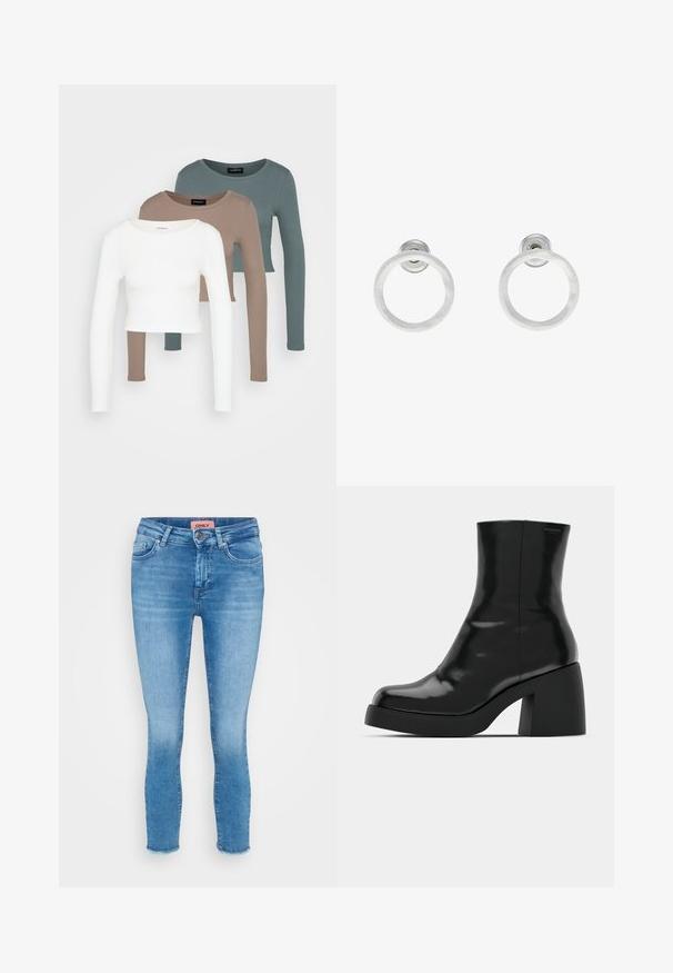 Kolm pika varrukaga lühikest tsooni moodustavat topi, värvid valge, beež ja tuhm türkissinine, ümmarguste kaelustega, heleda halli tausta peal.; Heledad sinine denimist kitsad teksad keskmise kõrgusega vöökohaga, viie tasku ja toore äärisega pahkluudes. Brändi silt on nähtav vöökohal.; Mustad mustad, läikiva viimistlusega, ruudukujulise varbaga ja paksu plokktallaga. Kujundus sisaldab sujuvat siluetti ja minimaalset brändimist.; Hõbedased metallist rõngastooted, millel on harjatud tekstuur, ümmargune disain ja selge tagumine post, tagamaks kindlat kandmist.