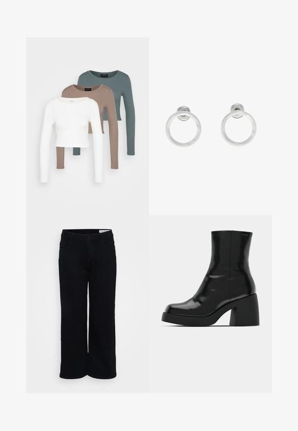 Trys ilgomis rankovėmis apkirptos palaidinės, spalvų: balta, smėlinė ir tyliai mėtinė, su apvaliais iškirpimais, ant šviesiai pilko fono.; Juodos plačios kojų džinsai, pagaminti iš džinsinio audinio, su klasikiniu penkių kišenių dizainu, užsegimu mygtuku ir tiesiu kirpimu su baigimu.; Juodi kulkšniniai batai su blizgiu paviršiumi, kvadratiniu pirštu ir storu blokiniu kulnu. Dizainas pasižymi be siūlių siluetu ir minimalia ženklinimo. ; Sidabriniai metaliniai auskarai žiedų pavidalu su šveitimo tekstūra, turintys apvalų dizainą ir skaidrų laikiklį saugiam dėvėjimui.