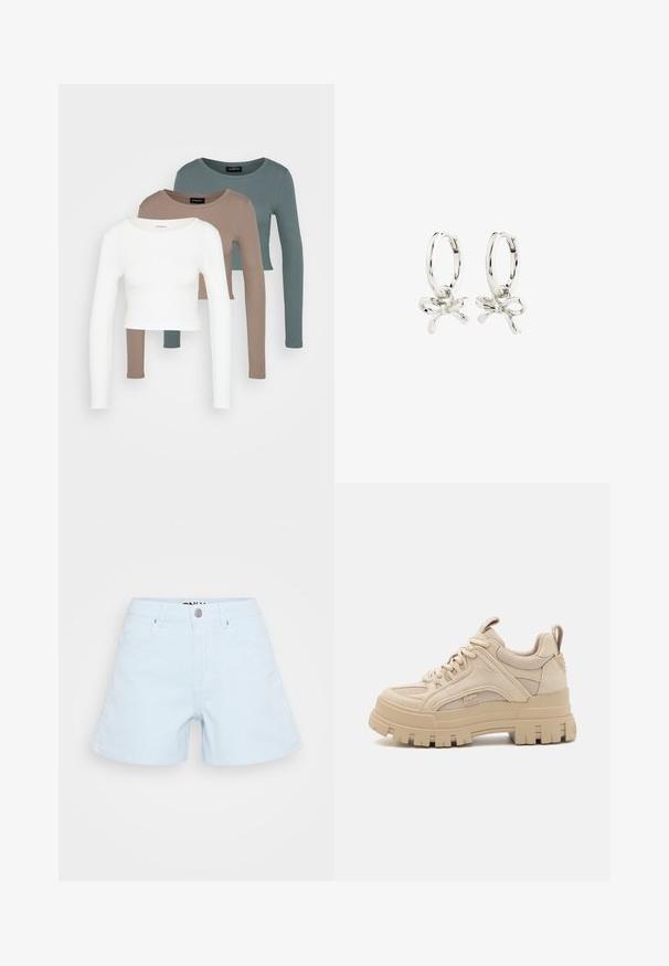 Tres tops cortos de manga larga apilados, en colores blanco, beige y verde azulado apagado, con cuellos redondos sobre un fondo gris claro.; Pantalones cortos a rayas de color azul claro, hechos de algodón, que presentan un diseño de cinco bolsillos, un cierre frontal con botón y un corte regular.; Zapatillas chunky beige con una mezcla de malla y ante, con una suela gruesa y un dibujo de tacos prominente, diseño con cordones y detalle de marca.; Pendientes de aro de plata con diseño de lazo, con un acabado suave y una textura pulida. Estilo compacto y minimalista, adecuado para diversas ocasiones.
