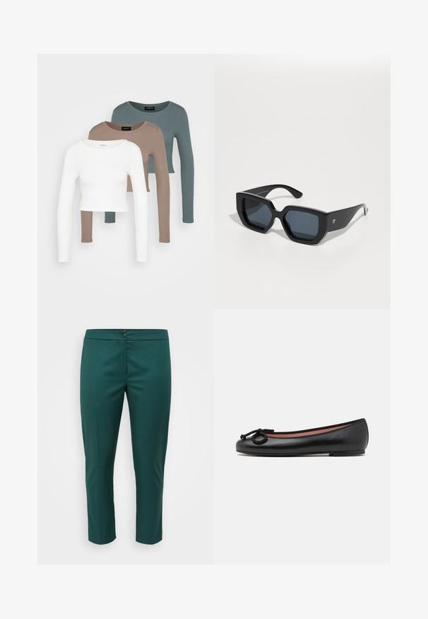 Tre långa ärmade croptopar staplade, i färgerna vit, beige och dämpad teal, med rund hals i en ljusgrå bakgrund.; Gröna capribyxor i slät tyg med dragkedja och knappstängning, framfickor och skräddarsydd passform.; Svart läderskon i balettstil med rund tå, prydd med en dekorativ rosett och slät yta. Minimalistisk design med en låg, platt sula.; Svarta överdimensionerade solglasögon med geometrisk design, rektangulära linser och blank yta. Ingen synlig märkning på framsidan.; Silvriga metallringörhängen med borstad yta, som har en cirkulär design och en genomskinlig stiftbaksida för säker användning.