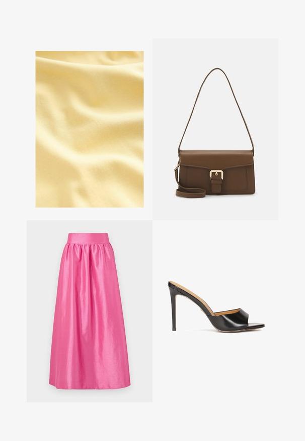 Bavlněná tkanina v jemném, světlém žlutém odstínu, s hladkým, mírně texturovaným povrchem s jemnými vlnami a záhyby.; Dlouhá růžová saténová sukně s nařaseným pasem a splývavým střihem. Hladká textura s lesklým povrchem.; Černé otevřené muly na podpatku s lesklým koženým povrchem, zúženým blokovým podpatkem a hladkým zakřiveným páskem přes nárt.; Hnědá kožená kabelka obdélníkového tvaru s přední klopou, zlatými kovovými prvky a dlouhým nastavitelním popruhem.