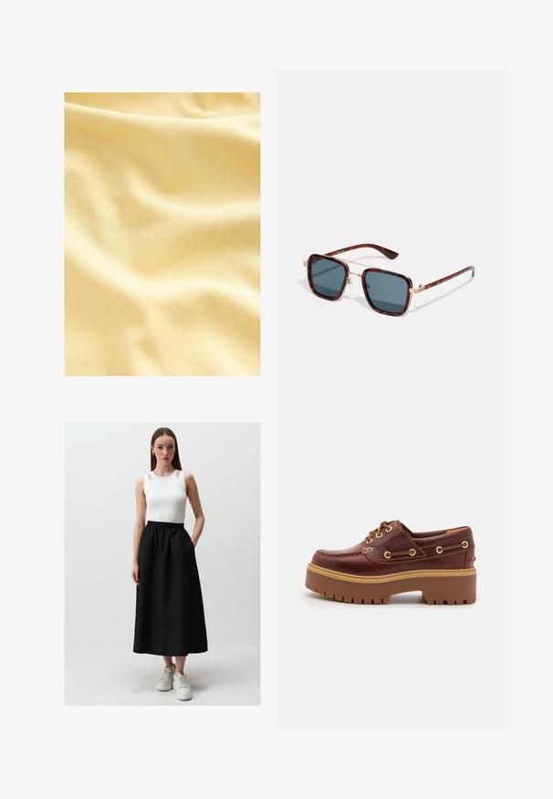 Tkanina bawełniana w miękkim, jasnoniebieskim odcieniu, charakteryzująca się gładką, lekko teksturowaną powierzchnią z delikatnymi falami i fałdami.; Biała bezrękawnikowa bluzka z wycięciami na ramionach zestawiona z czarną, sięgającą kostek spódnicą z elastycznym pasem i bocznymi kieszeniami, noszona z białymi trampkami.; Brązowe skórzane buty typu boat shoe z grubą brązową gumową podeszwą, złotymi oczkami i kontrastowym szwem. Posiadają logo na boku.; Okulary przeciwsłoneczne w kratkę z ciemnoszarymi soczewkami, w kształcie kwadratu, z złotymi metalowymi akcentami i smukłymi zausznikami z charakterystycznymi paskowanymi detalami.