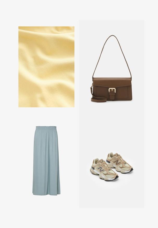 Katoenen stof in een zachte, lichtgele tint, met een gladde, lichtgetextureerde oppervlakte met zachte golven en plooien.; Lichtblauwe maxi-rok met een gegadde elastische tailleband, gemaakt van zachte stof, met verticale plooien voor textuur en vloeiendheid.; Beige sneakers van mesh en nubuck materialen. Bevat een zwart logo en gegrandeerde accenten. Dikke witte tussenzool en zwarte rubberen buitenzool.; Bruine leren handtas met een rechthoekige vorm, voorzien van een klep aan de voorkant, gouden hardware en een lange, verstelbare strap.