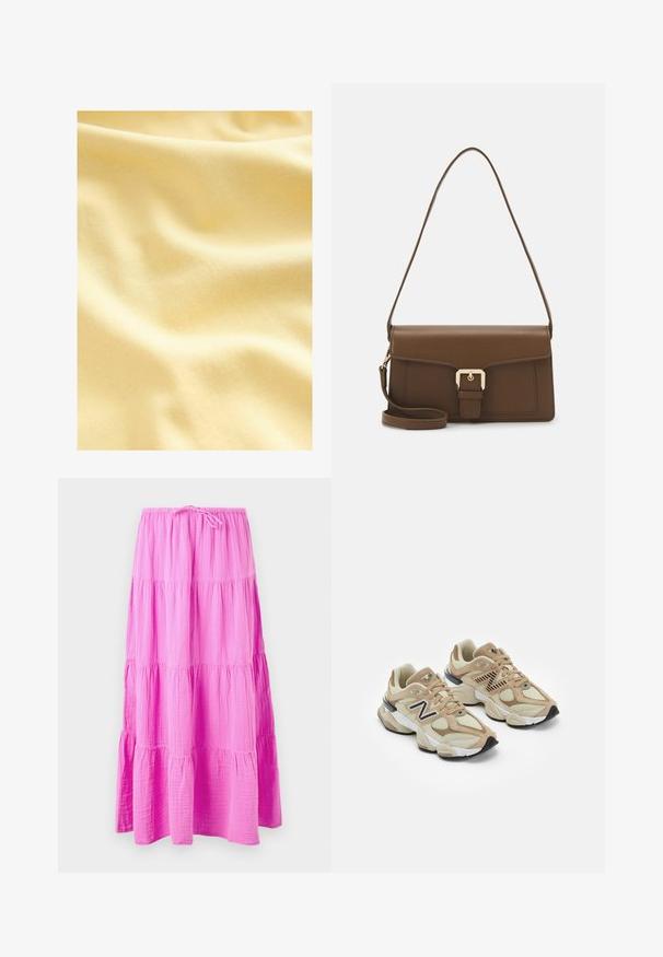 Katoenen stof in een zachte, lichtgele tint, met een gladde, lichtgetextureerde oppervlakte met zachte golven en plooien.; Lange, gelaagde rok in felroze, gemaakt van zachte, textuurrijke stof. Heeft een elastische tailleband met een trekkoord voor een verstelbare pasvorm.; Beige sneakers van mesh en nubuck materialen. Bevat een zwart logo en gegrandeerde accenten. Dikke witte tussenzool en zwarte rubberen buitenzool.; Bruine leren handtas met een rechthoekige vorm, voorzien van een klep aan de voorkant, gouden hardware en een lange, verstelbare strap.