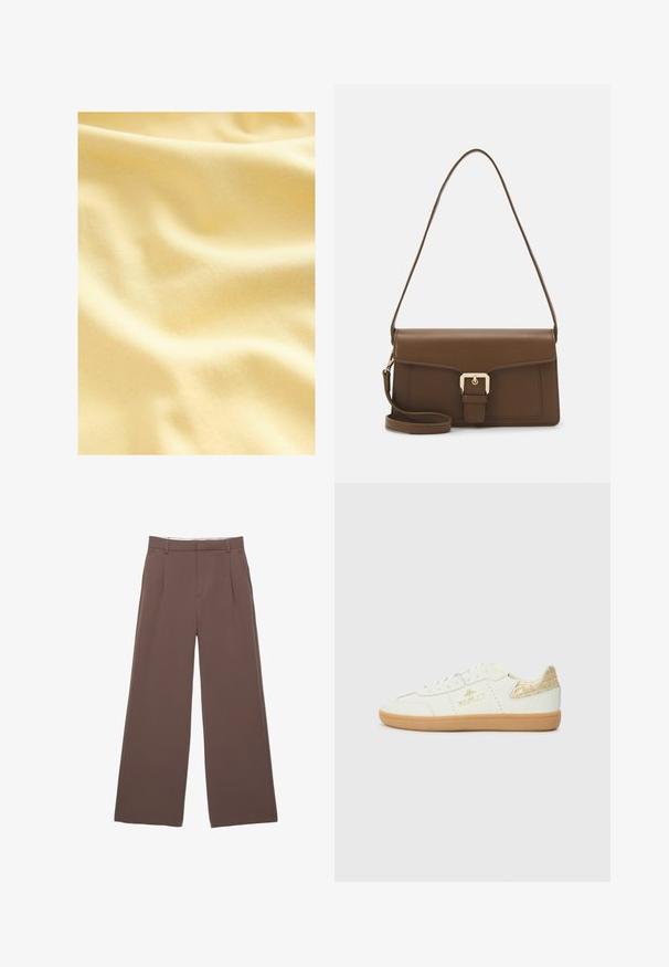 Bavlnená látka v jemnom, svetlom žltom odtieni, s hladkým, mierne textúrovaným povrchom so nežnými vlnami a záhybmi.; Široké nohavice z pevnej hnedej látky s hladkou textúrou, prednými záhybmi a prispôsobeným pásom. Žiadne viditeľné logo ani vzory.; Replay PYPER W TRADE - Tenisky - white; Hnedá kožená kabelka s obdĺžnikovým tvarom, s predným klopou, zlatými kovovými detailmi a dlhým, nastaviteľným popruhom.