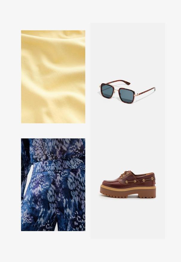 Cotton fabric in a soft, light yellow shade, featuring a smooth, slightly textured surface with gentle waves and folds.; Blue and purple patterned fabric with a smooth texture, featuring abstract shapes and a fitted waistband. Close-up view of garment details.; Brown leather boat shoe with a chunky brown rubber sole, gold eyelets, and contrast stitching. Features a logo on the side.; Tortoiseshell sunglasses with dark gray lenses, square shape, gold metal accents, and slender temples featuring distinctive striped detailing.