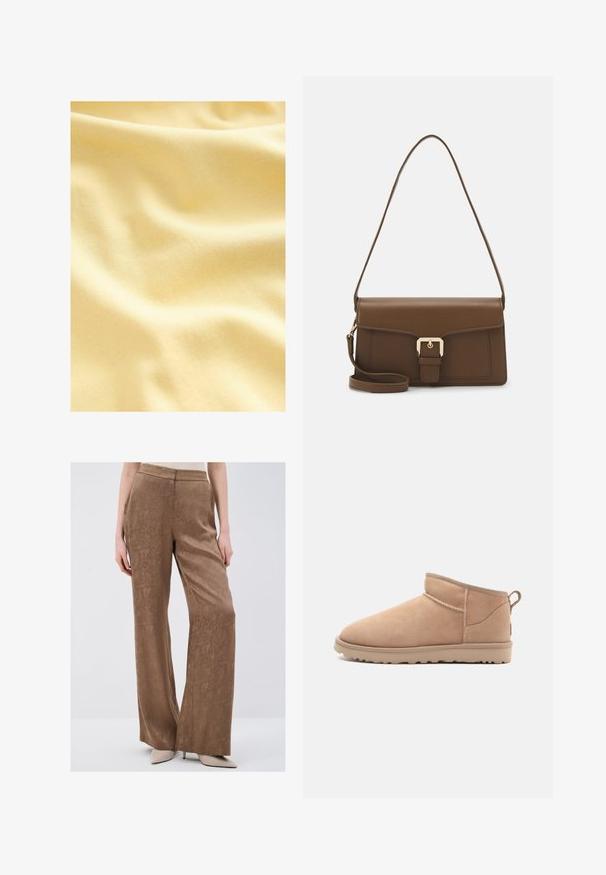 Katoenen stof in een zachte, lichtgele tint, met een gladde, lichtgetextureerde oppervlakte met zachte golven en plooien.; Bruine, wijde broek van gestructureerde stof met een subtiel patroon. Heeft een gladde tailleband en valt losjes van de heupen.; Tan suède enkellaars met een afgeronde neus, zachte textuur, eenvoudig ontwerp en een laag profiel rubberen zool. Voorzien van een trekhaak aan de achterkant.; Bruine leren handtas met een rechthoekige vorm, voorzien van een klep aan de voorkant, gouden hardware en een lange, verstelbare strap.