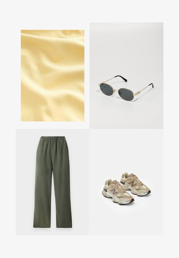 Pamut anyag, lágy, világos sárga árnyalatban, sima, enyhén texturált felülettel, finom hullámokkal és redőkkel.; Zöld, bő szárú nadrág, puha anyagból, rugalmas derékrésszel. Simaság jellemzi, és egyszerű, minimalista dizájnnal rendelkezik.; Beige sportcipők hálós és bőrszövet anyagból. Fekete logóval és texturált részletekkel rendelkezik. Vastag fehér középtalpa és fekete gumi talpa van.; Arany színű fém napszemüveg ovális lencsékkel és sötét tónusú lencsékkel. Fekete acetát végződések az ágon. "QUAY" márkanevének felirata az oldalán.