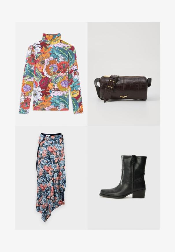 Bluză cu mânecă lungă și guler înalt, prezentând un model floral vibrant cu flori multicolore și frunze verzi pe un fundal alb.; Rabanne Fustă tip creion - english tapestry/pink/blue/green; Botine din piele neagră, cu vârf rotund, toc pătrat, fermoar pe lateral și accente de cusături pe partea superioară. Textură netedă, design clasic.; Geantă din piele căptușită cu un model de crocodil de culoare maro, cu o formă cilindrică, accesorii de culoare aurie și un curea detasabilă cu tăieturi.