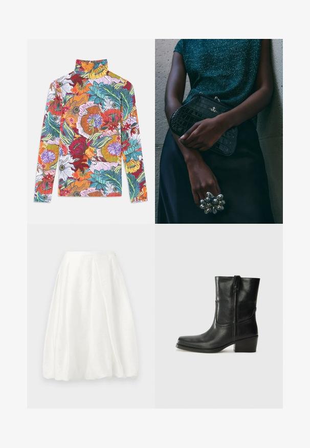 Långärmad topp med hög krage som har ett livfullt blommönster med flerfärgade blommor och gröna blad på en vit bakgrund.; Vit knälång kjol med en texturerad tyg, med hög midja och en utsvängd design för volymeffekt.; Svart läderankelboot med rund tå, blockklack, sidodragkedja och sömmar på ovandelen. Slät textur, klassisk design.; Svart clutchväska med krokodilmönster och silver detaljer, hålls mot en texturerad grå bakgrund. Har en blank yta.