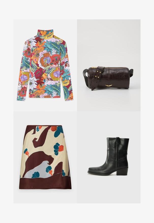 Hosszú ujjú, magas nyakú felső, élénk virágmintával, melyen színes virágok és zöld levelek találhatók fehér háttéren.; Selyem szoknya bézs alapszínen absztrakt bordó, türkiz és piros virágmintázattal; a szegély sötét bordó színű.; Fekete bőr bokacsizma lekerekített orral, blokk sarkúval, oldalsó cipzárral és varrásos díszítéssel az elején. Simább textúra, klasszikus dizájn.; Barna krokodilbőr hatású bőr táska henger alakú, arany tónusú fémveretekkel és lecsatolható, szegecsekkel díszített pánttal.