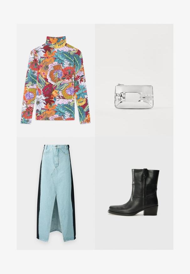 Langsleeve, hoge hals top met een levendig bloemmotief met kleurrijke bloesems en groene bladeren op een witte achtergrond.; Denimrok die lichtblauw en zwart materiaal combineert, met een split aan de voorkant, hoge taille en een gestructureerd ontwerp met een standaard knoopsluiting.; Zwarte leren enkellaars met een ronde neus, blokhak, zijrits en stikselaccenten op de wreef. Gladde textuur, klassiek ontwerp.; Zilveren metallic clutch met een gladde textuur, rechthoekige vorm, ritssluiting en twee decoratieve banden op de voorkant.