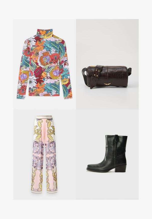 Halenka s dlouhým rukávem a vysokým límcem, který se vyznačuje živým květinovým vzorem s vícebarevnými květy a zelenými listy na bílém pozadí.; Široké kalhoty vyrobené z lehkého materiálu, s růžovo-bílou barevnou kombinací, zdobené složitými žlutými a modrými barokními vzory a zlatými akcenty.; Černá kožená kotníková bota s kulatou špičkou, blokovým podpatkem, bočním zipem a prošíváním na svršku. Hladký povrch, klasický design.; Hnědá kabelka z krokodýlí kůže s embosováním, cylindrického tvaru, se zlacenými kovovými prvky a odnímatelným popruhem se hroty.