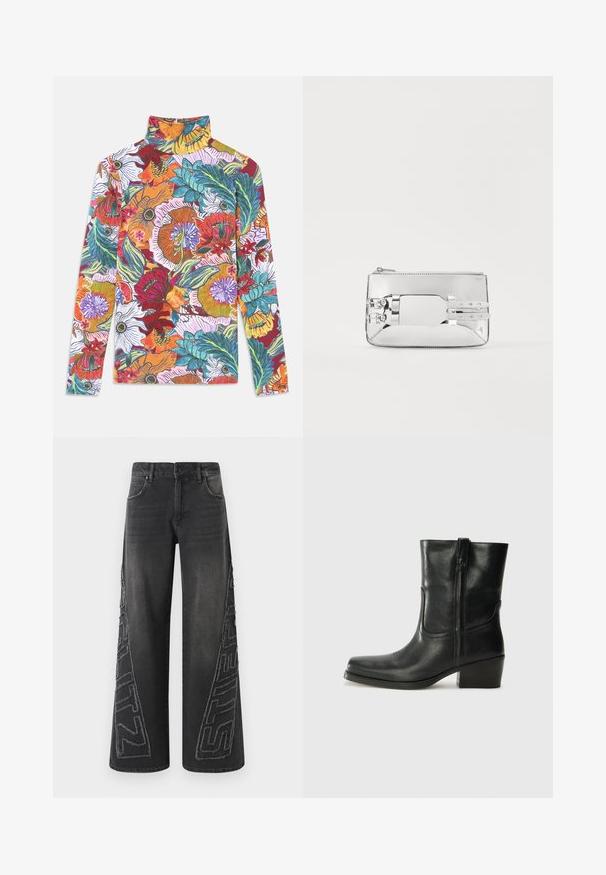 Långärmad topp med hög krage som har ett livfullt blommönster med flerfärgade blommor och gröna blad på en vit bakgrund.; Svarta vida jeans i denim, med en fransad broderad grafik på sidorna och en traditionell design med fem fickor.; Svart läderankelboot med rund tå, blockklack, sidodragkedja och sömmar på ovandelen. Slät textur, klassisk design.; Silverfärgad metallisk clutchväska med slät yta, rektangulär form, dragkedjestängning och två dekorativa remmar framtill.