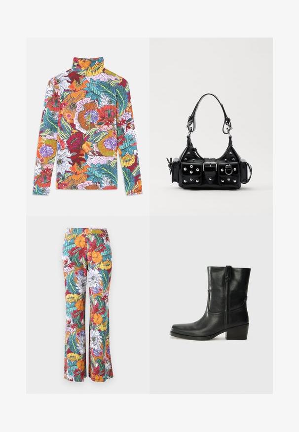 Halenka s dlouhým rukávem a vysokým límcem, který se vyznačuje živým květinovým vzorem s vícebarevnými květy a zelenými listy na bílém pozadí.; Rozšířené kalhoty s mnohobarevným květinovým vzorem, obsahující oranžové, fialové a tyrkysové květy a zelené listy na bílém pozadí.; Černá kožená kotníková bota s kulatou špičkou, blokovým podpatkem, bočním zipem a prošíváním na svršku. Hladký povrch, klasický design.; Černá kožená kabelka s křivkovým designem, zdobená stříbrnými hřebíky, s přezkou a dvěma bočními kapsami. Nastavitelný popruh pro různé možnosti nošení.