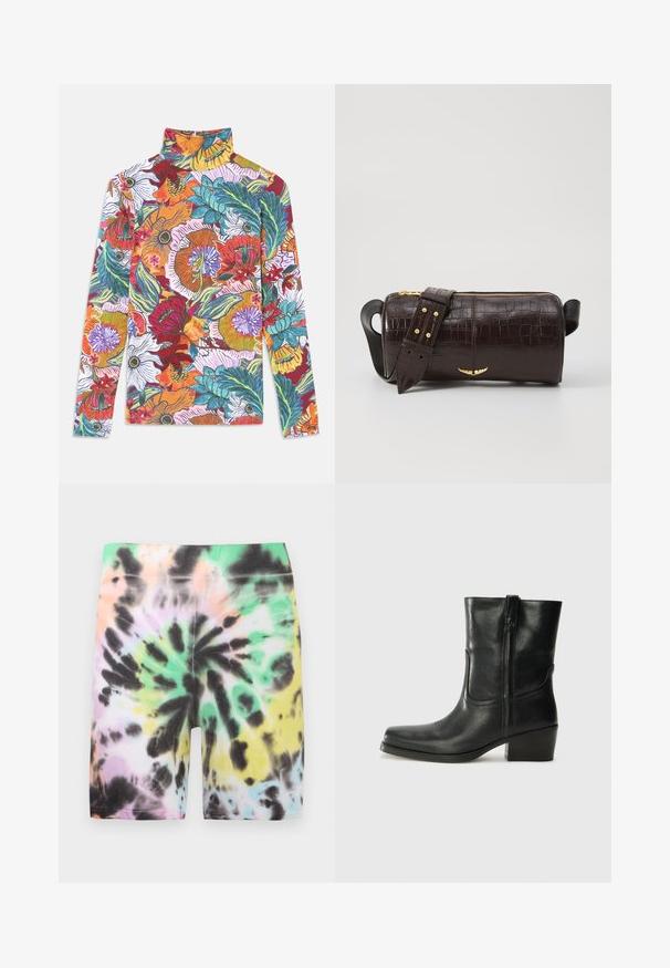 Długi rękaw, wysoka szyja koszulka z żywym wzorem kwiatowym z wielokolorowymi kwiatami i zielonymi liśćmi na białym tle.; Spodenki w stylu tie-dye z mieszanym wzorem pastelowych kolorów: zielony, różowy, czarny i żółty. Wykonane z miękkiego, elastycznego materiału.; Czarne skórzane botki za kostkę z okrągłym noskiem, słupkowym obcasem, bocznym zamkiem i przeszyciami na cholewce. Gładka tekstura, klasyczny design.; Brązowa torba ze skóry z tłoczeniem krokodyla w kształcie cylindrycznym, z metalowymi elementami w kolorze złotym oraz odczepianym paskiem z ćwiekami.