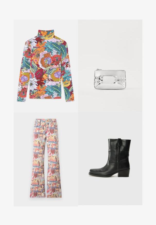 Long-sleeve, high-neck top featuring a vibrant floral pattern with multicolored blooms and green leaves on a white background.; Faded denim flared pants with a collage print featuring faces, lips, and colorful graphics. Button closure and five-pocket design.; Black leather ankle boot with a rounded toe, block heel, side zipper, and stitching accents on the vamp. Smooth texture, classic design.; Silver metallic clutch bag with a smooth texture, rectangular shape, zip closure, and two decorative straps on the front.