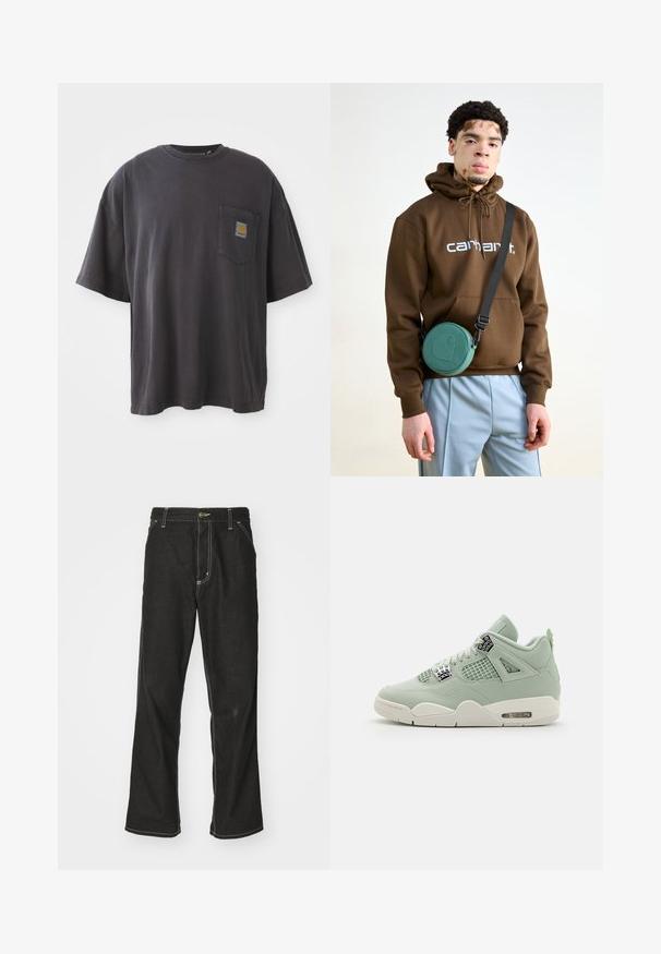 Čierne bavlnené tričko s krátkymi rukávmi, okrúhlym výstrihom a vreckom na ľavej hrudi s štvorcovou nášivkou loga. Jednoduchý a nenáročný dizajn.; Čierne denimové nohavice s voľným strihom, s kontrastným bielym prešívaním, uzáverom na gombík a rovnými nohavicami.; Svetlozelené tenisky s koženým vrchom, sieťovými panelmi, bielou podrážkou a výraznými akcentmi. Obsahujú šnurovanie a vzduchové ztlmenie v päte.; Hnedá mikina s kapucňou a bielym logom, spárovaná so svetlomodrými nohavicami. Cyklická zelená taška visí z čierneho popruhu cez telo.