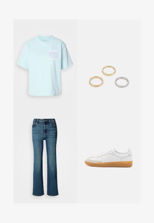Világoskék pamut póló kerek nyakkal és rövid ujjakkal. A lényege egy grafikai tervezés, amelyen a "Calvin Klein" felirat lilában látható az elején.; Magas derekú kék farmernadrág, egyenes szárú dizájnnal, enyhe kopással és normál gombos-zipzáros záródással.; Fehér bőr sportcipő bézs velúr részletekkel, gumitalppal és fűzős kialakítással. Diszkrét aranyszínű logóval rendelkezik.; Három fémgyűrű: az egyik rose gold, a másik texturált akcentusokkal ellátott arany, a harmadik pedig ezüst, mindegyiken gravírozott márkajelzés található a belső sávon.