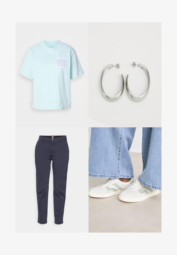 Gaiši zilas kokvilnas T-krekls ar apaļu kaklu un īsām piedurknēm. Priekšpusē ir grafiskais dizains ar "Calvin Klein" violetā krāsā.; Jūras zila, izšūts kokvilnas chinos, ar pogu aizdari, jostas cilpām un sānu kabatām; taisnas kājas ar nedaudz sašaurinātu apakšdaļu.; Baltas sporta apavi ar gaiši zaļiem akcentiem, teksturēta āda un plakanām gumijas zolems. Savienoti ar platām džinsa biksēm.; Sudraba riņķveida auskari ar gludu, izliekta dizaina formu. Iezīmējas ar spīdīgu metāla apdari un pievienojamu aizdari. Nav redzamu rakstu vai akcentu.