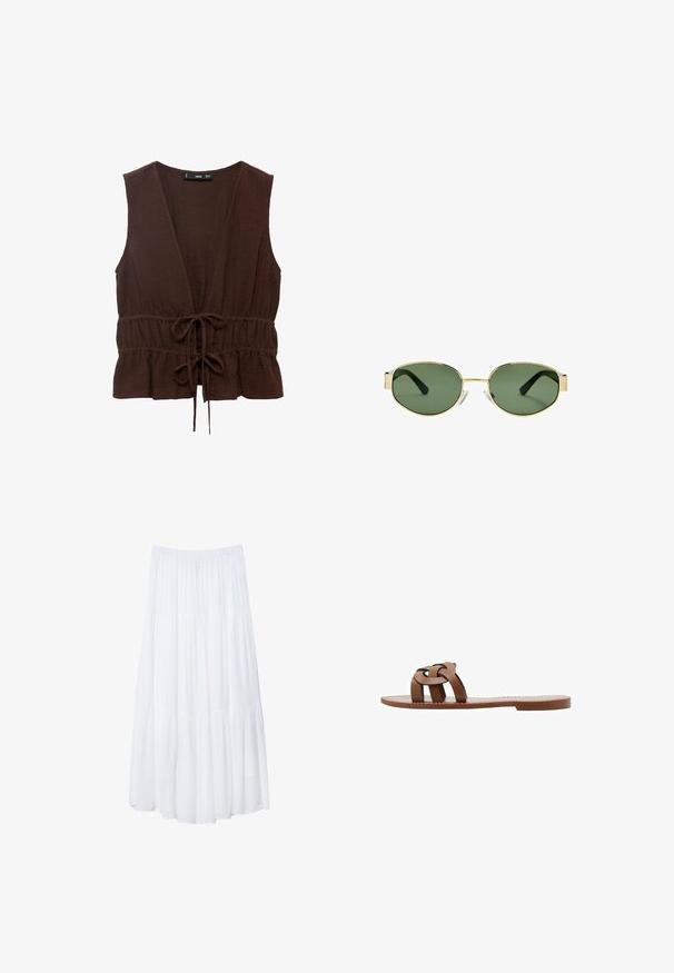 Top marrone senza maniche realizzato in tessuto testurizzato, con scollatura a V profonda, vita aderente con fiocco e orlo arricciato.; Gonna maxi bianca a più strati realizzata in tessuto leggero. Presenta una vita elastica e un design fluido con una morbida e sottile texture.; Sandali piatti marroni in materiale sintetico con un design a fascia intrecciata e una suola liscia e piatta. Senza tacco, estetica minimalista.; Occhiali da sole con montatura dorata e lenti verdi, forma ovale, stanghette nere e naselli trasparenti. Design pulito e minimalista.; Borsa tote in paglia intrecciata con texture a treccia, manici e base in pelle marrone scuro, forma circolare larga e design con apertura superiore.
