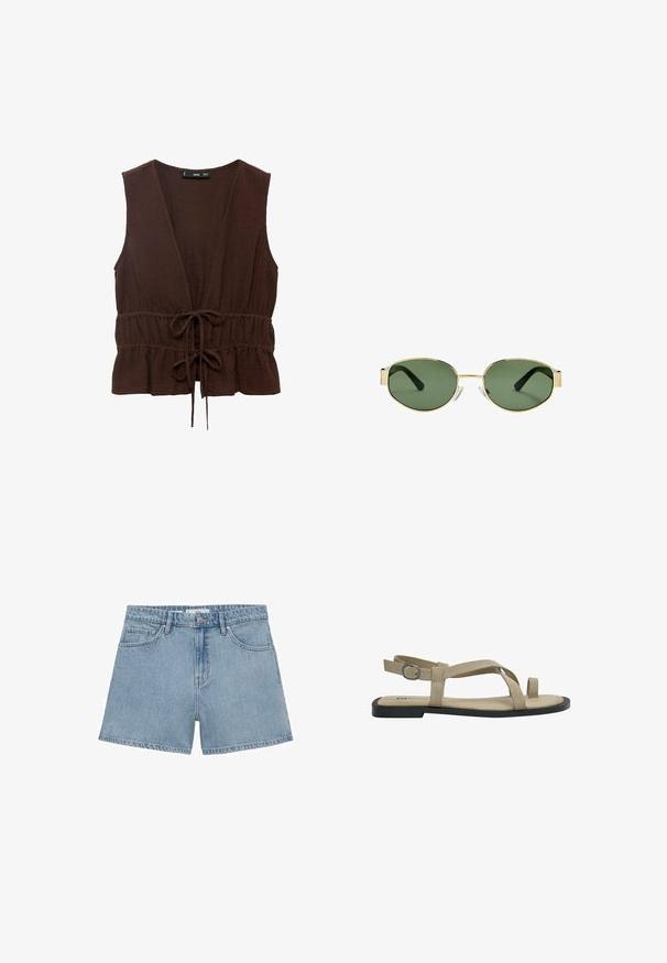 Top marrone senza maniche realizzato in tessuto testurizzato, con scollatura a V profonda, vita aderente con fiocco e orlo arricciato.; Shorts in denim azzurro chiaro con vita alta, quattro tasche e chiusura con bottone. Presentano un taglio dritto classico e orlo sfilacciato.; Sandali in suede beige con suola piatta, dotati di cinturini incrociati e fibbia regolabile sul retro. Design minimalista e punta aperta.; Occhiali da sole con montatura dorata e lenti verdi, forma ovale, stanghette nere e naselli trasparenti. Design pulito e minimalista.