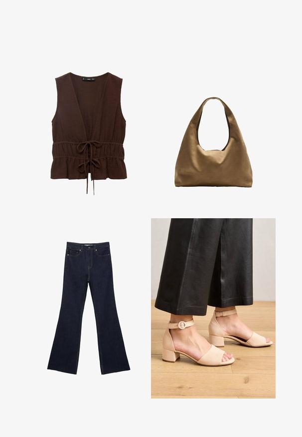 Top marrone senza maniche realizzato in tessuto testurizzato, con scollatura a V profonda, vita aderente con fiocco e orlo arricciato.; Jeans a zampa d'elefante in denim blu scuro con un design a cinque tasche standard e cuciture visibili. Il tessuto ha una texture liscia con una leggera sbiaditura.; Gabor Comfort Sandali - desert; Borsa a spalla in tessuto marrone con un corpo ampio e arrotondato e una grande maniglia a taglio. Texture morbida, design minimalista e senza hardware visibile.