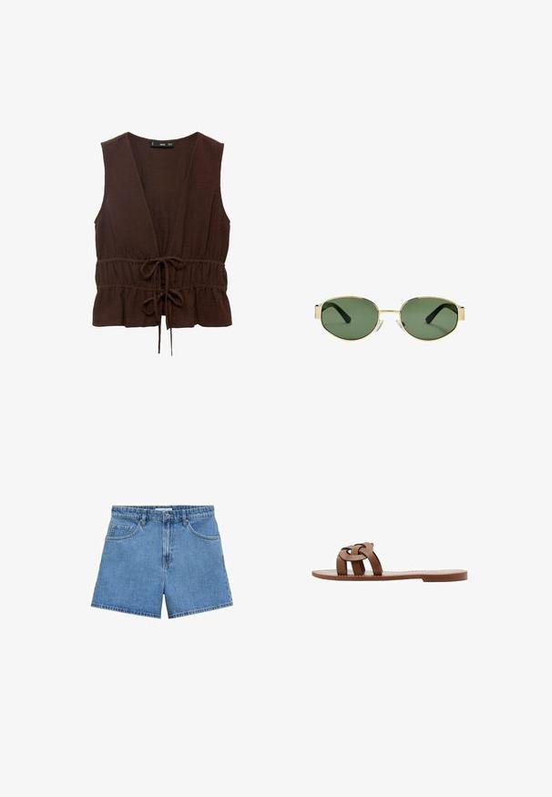 Brun, ärmlös topp gjord av texturerad tyg, med en djup V-ringning, indragen midja med ett knytband och en volangkant.; Ljusblå denimshorts med hög midja, femfickorsdesign och knapplist. Rak skärning med en ren fåll.; Bruna platta sandaler i syntetiskt material med en flätad remdesign och en slät, platt sula. Ingen klack, minimalistisk estetik.; Guldmetallramade solglasögon med gröna tonade linser, oval form, svarta skalmar och klara näsaskar. Rent, minimalistiskt design.