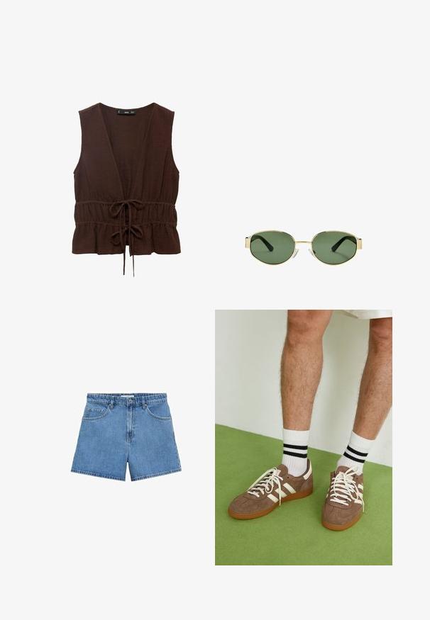 Brązowa, bezrękawnikowa bluzka wykonana z fakturowanej tkaniny, z głębokim dekoltem w kształcie V, wcięciem w talii z wiązaniem oraz falbaniaste wykończenie u dołu.; Jasnoniebieskie szorty dżinsowe z wysokim stanem, pięcioma kieszeniami i zapięciem na guziki. Prosty krój z czystym dołem.; Brązowe zamszowe sneakersy z białymi akcentami i sznurówkami. Gumowa, brązowa podeszwa. Noszone z białymi skarpetkami w czarne paski. Zielona teksturowana podłoga.; Złote okulary przeciwsłoneczne w metalowej oprawie z zielonymi soczewkami, o owalnym kształcie, czarnymi zausznikami i przezroczystymi noskami. Czysty, minimalistyczny design.