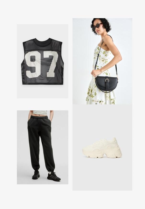 Črni mrežast krojni top z brezrokavim dizajnom in velikim belim natisnjenim številom "97" spredaj. Teksturiran, zračen material.; Črne hlače s kapuco in stranskimi žepi ter elastičnimi manšeti. Mehka tkanina z sproščenim krojem, v kombinaciji z teksturiranimi črnimi športnimi copati.; Debele bele športne copate, izdelane iz teksturirane mrežaste in sintetične materialov, z debelim podplatom in zapletenimi vzorčičnimi detajli ob straneh.; Črna usnjena torbica s ukrivljeno obliko, z odstranljivo naramnico in zlatimi dodatki. Torbica ima pokrov s podrobnostmi v obliki zaponke.