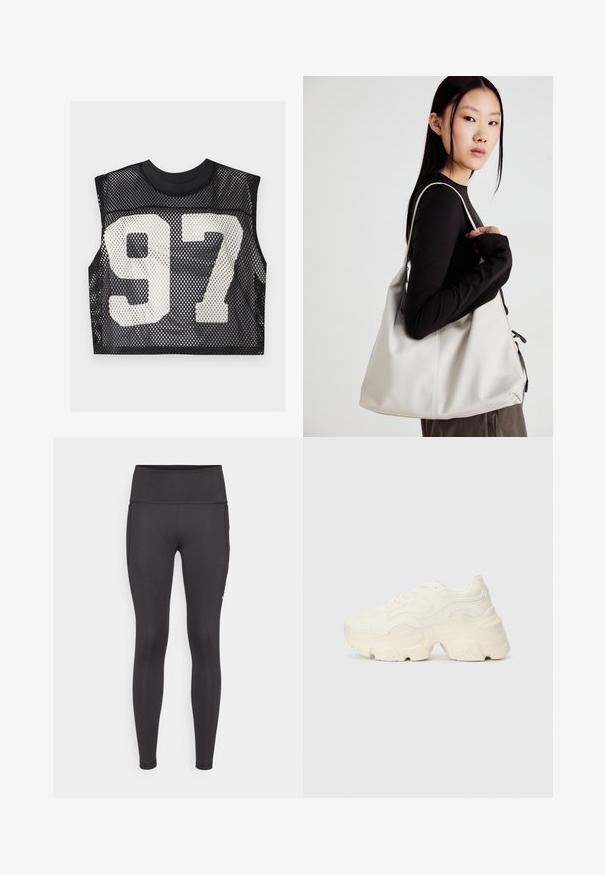 Melna acs topiņš ar bez piedurknēm un lielu baltu drukātu skaitli "97" priekšā. Tekstūrēts, elpojošs materiāls.; Melni legingi ar augstu jostu, gludu tekstūru un cieši piegulošu dizainu. Iekļautas sānu kabatas un minimālas vīles detaļas.; Masīvi balti sportisti, kas izgatavoti no strukturēta sieta un sintētiskajiem materiāliem, ar biezu zoli un sarežģītām rakstu detaļām gar sāniem.; Bežs rokassoma, izgatavota no mīksta materiāla, ar brīvu dizainu, izšūtu apdari un divām plecu siksnām. Piemērota ikdienas lietošanai.