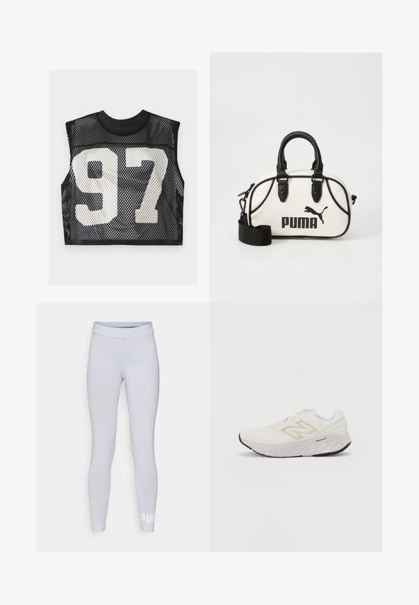 Juodas tinklinis trumpas viršus su be rankovių dizainu ir dideliu baltu spausdintu numeriu "97" priekyje. Tekstūruota, kvėpuojanti medžiaga.; Šviesiai pilki leggingai su lygiu paviršiumi, aukštu juosmeniu ir balta ženklų iškarpa kairėje apatinėje kojoje. Prigludęs dizainas.; Balti sportiniai batai su tinklelio viršumi, paminkštinta apykakle ir storu, tekstūruotu padu. Yra šviesiai pilkos spalvos akcentas ir "New Balance" logotipas šone.; Balta rankinė su juodais akcentais, su Puma logotipu. Trumpi, apvalūs rankenėlės ir nuimamas diržas, pagaminta iš tekstūruotos sintetinės medžiagos.
