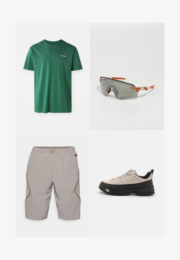 Zelena bombažna majica s krojenim ovratnikom, kratkimi rokavi in majhnim belim logotipom Columbia na prsih. Mehka tekstura, vsakdanje oblikovanje.; Bež kratke hlače z teksturiranim vzorcem, elastičnim pasom, vrvico in stranskimi poudarki. Imajo mrežaste panele za zračnost.; Bež usnjeni planinski čevlj z črnim gumijastim podplatom, teksturiranimi detajli in odbojnimi vezalkami. Ima zanka za lažje obuvanje.; Športne sončne očala s sivo lečo, oranžnimi detajli in vzorčenimi belimi ročaji. Zasnovana za zmogljivost z ovito obliko.